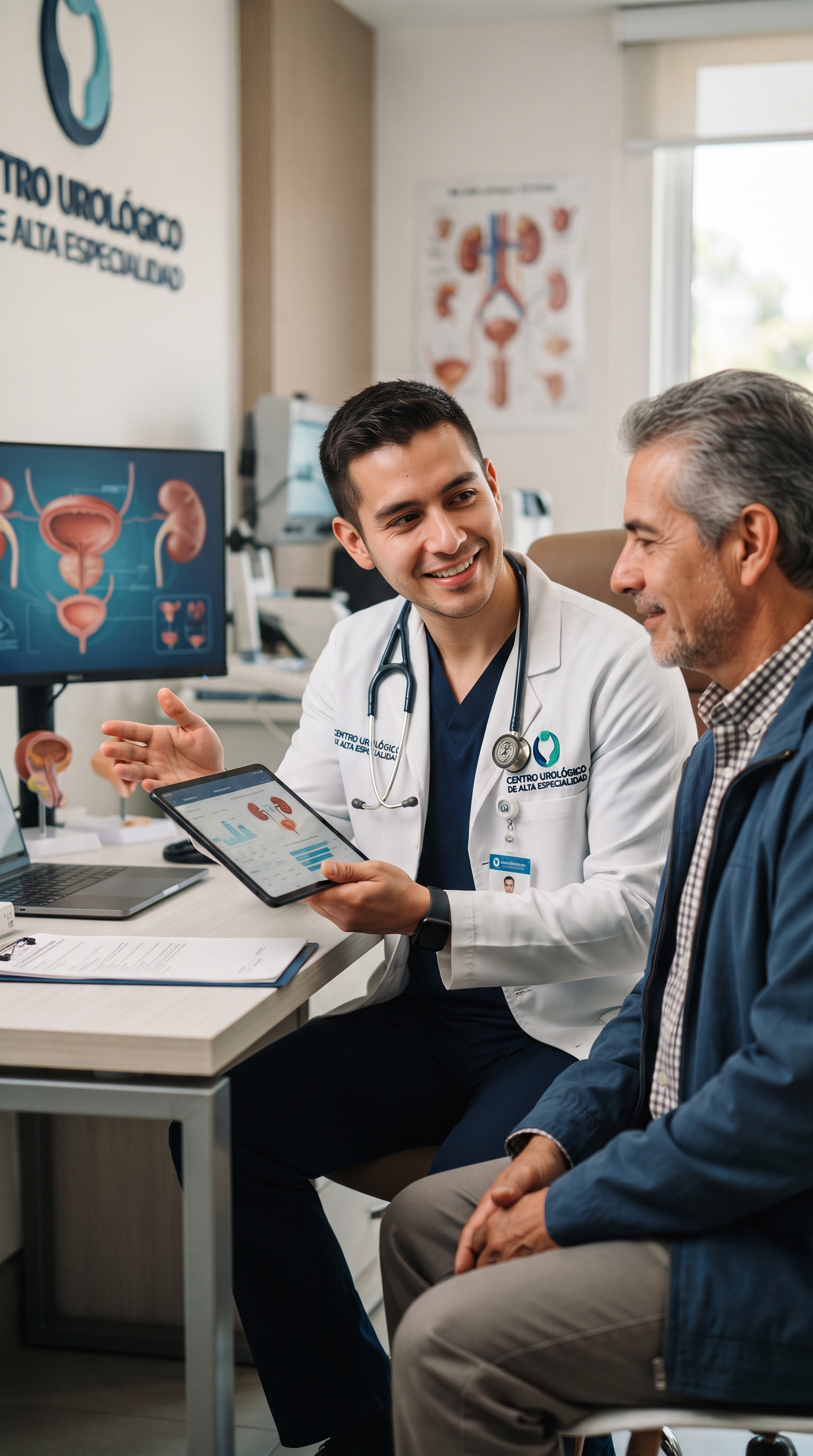 Hombre en consulta de revisión urológica preventiva con un especialista